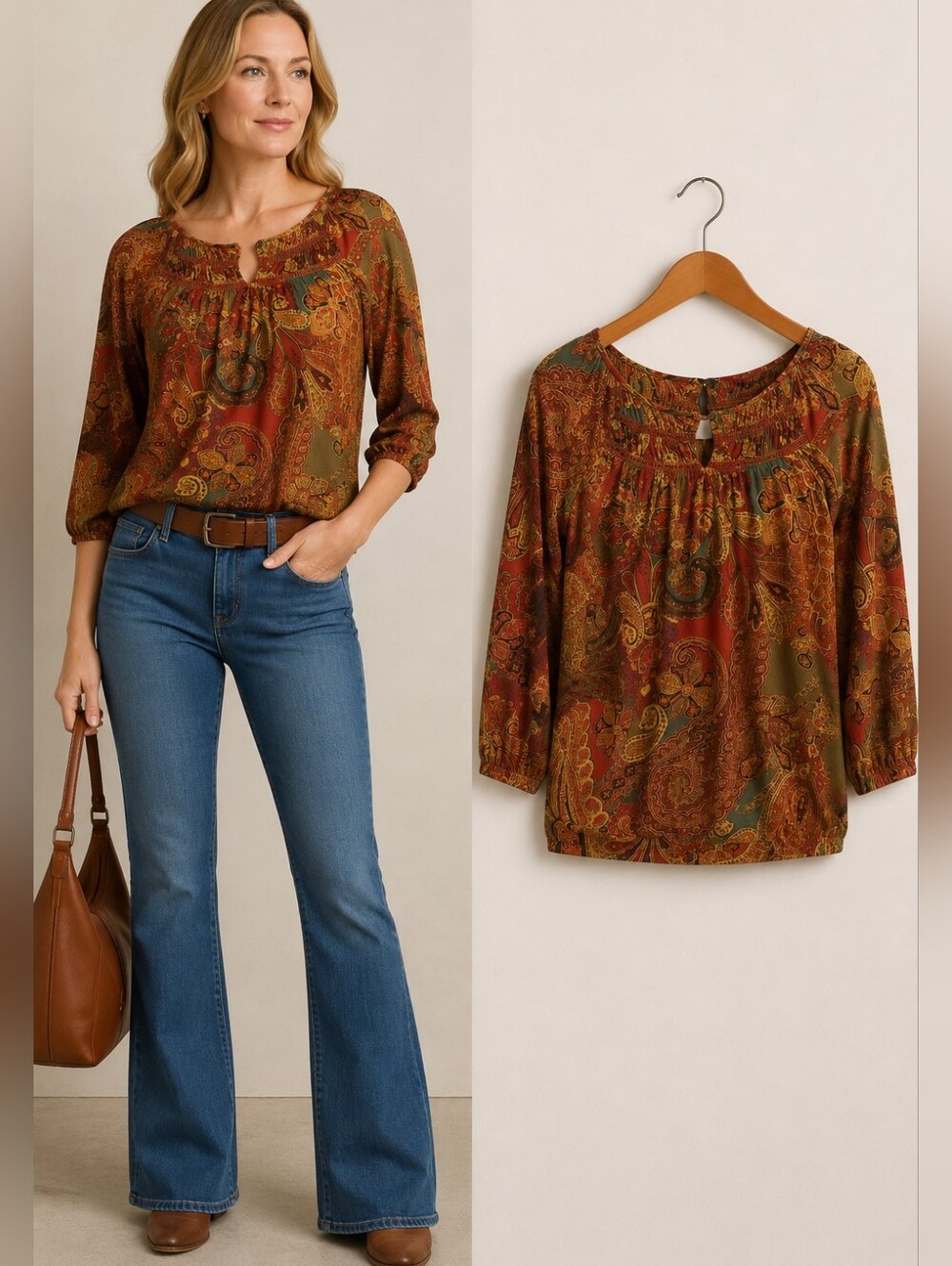 Lauren Ralph Lauren Paisley Peasant Top Boho Print 3/4 Sleeve Blouson XS